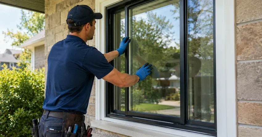 technician measuring a broken window pane for replacement in Port Colborne