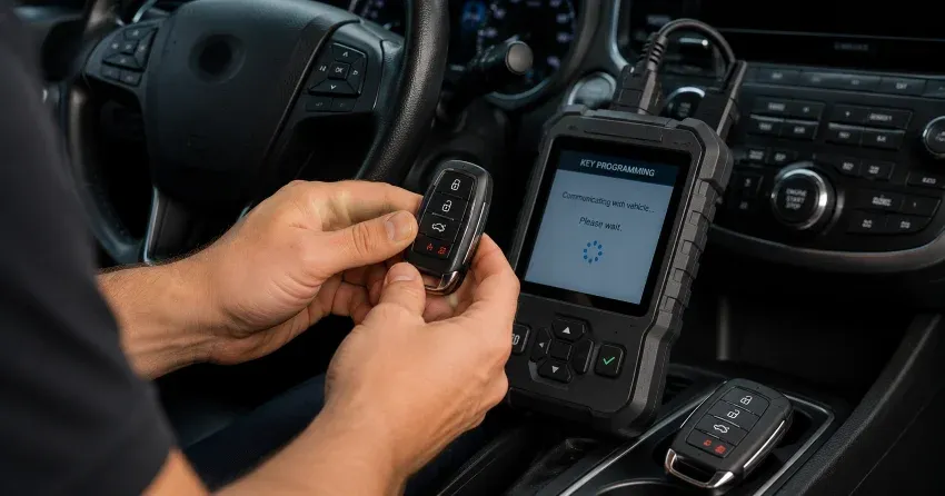 technician inspecting a worn car key before replacement in Rural Port Colborne, Port Colborne