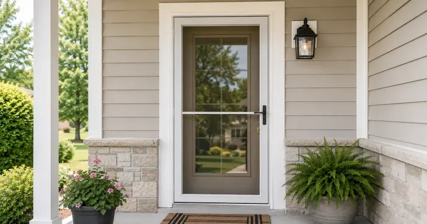 technician hanging storm door square and plumb in Port Colborne
