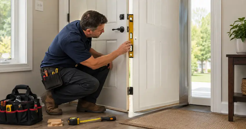 technician diagnosing a misaligned door frame in Pine Crest Point, Port Colborne