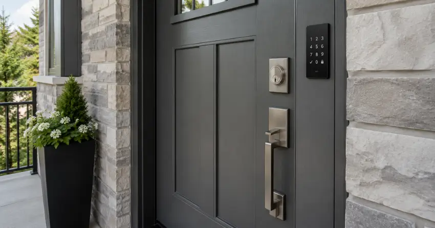 High-security door hardware and access control keypad installed on a residential entry door in Port Colborne