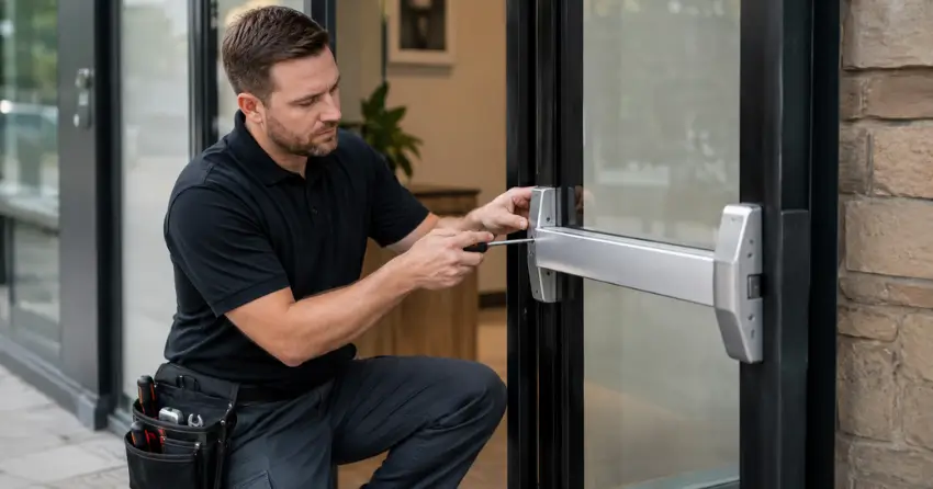commercial locksmith repairing exit device on storefront door Port Colborne