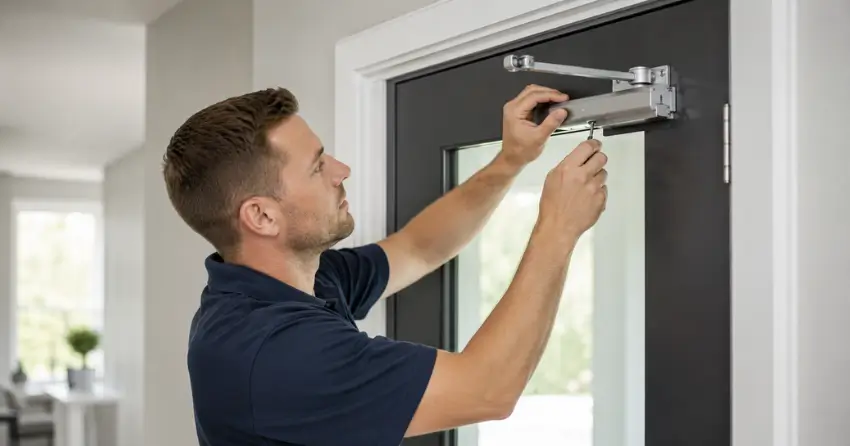 technician adjusting door closer hydraulic valve in West Side, Port Colborne home