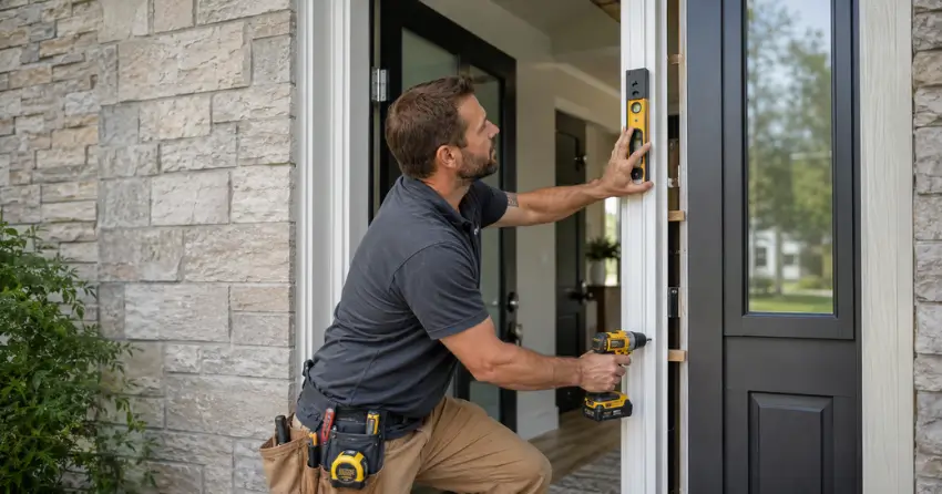 technician installing a new exterior door frame in Shisler Point, Port Colborne