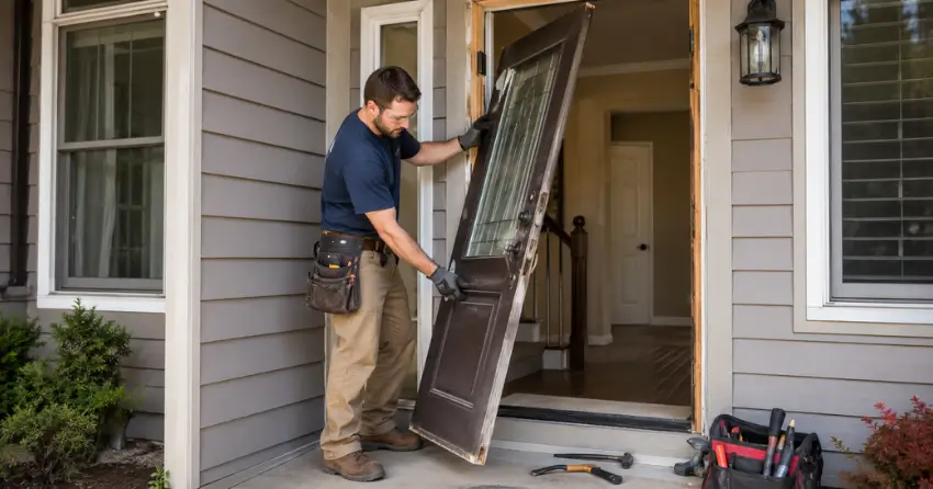 old exterior door being removed for replacement in West Side, Port Colborne