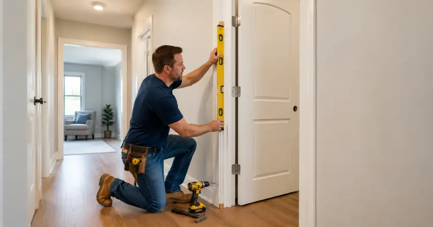 technician installing a pre-hung interior door in a home hallway Port Colborne