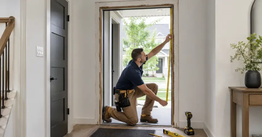 technician measuring a door frame before new door installation in Gravelly Bay, Port Colborne