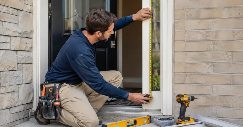 technician measuring door frame before storm door install in Bethel, Port Colborne
