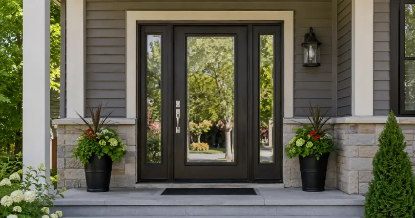 glass entry door with sidelights on a home in Echo Beach, Port Colborne