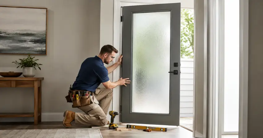 glass panel door installation with frosted privacy glass in residential setting in Port Colborne