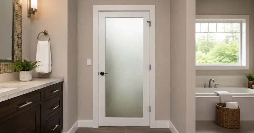 frosted glass panel bathroom door installed in a West Side, Port Colborne home