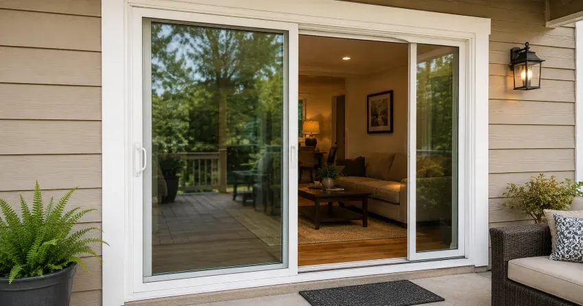 Patio Door Installation technician setting a new frame in Port Colborne