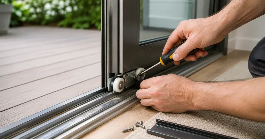 sliding door fix West Side, Port Colborne technician diagnosing track issue