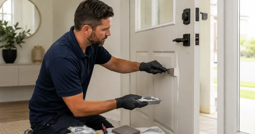 technician repairing fiberglass door surface crack in Pine Crest Point, Port Colborne