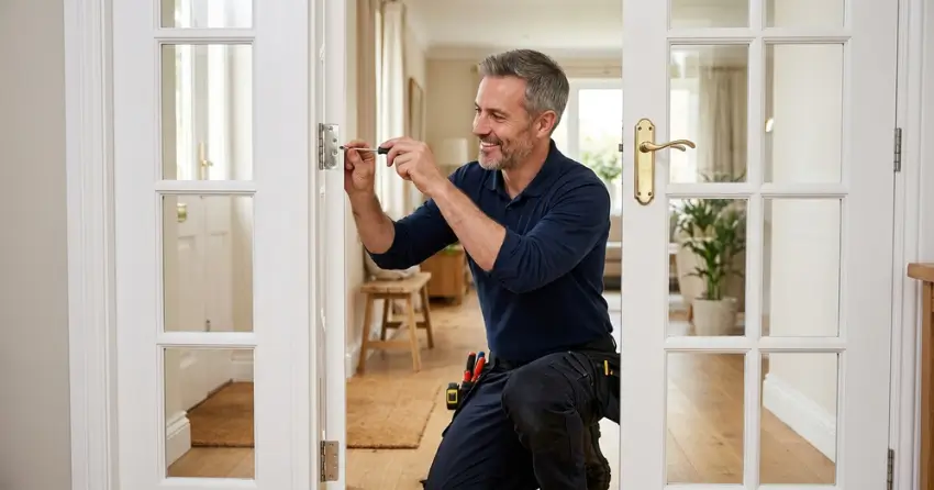 technician adjusting French door hinge for proper alignment in Bethel, Port Colborne
