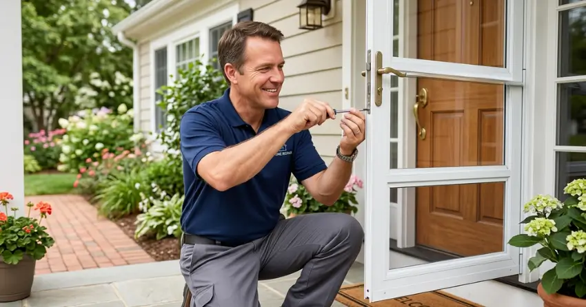 technician adjusting storm door hinge and closer in Downtown Port Colborne, Port Colborne