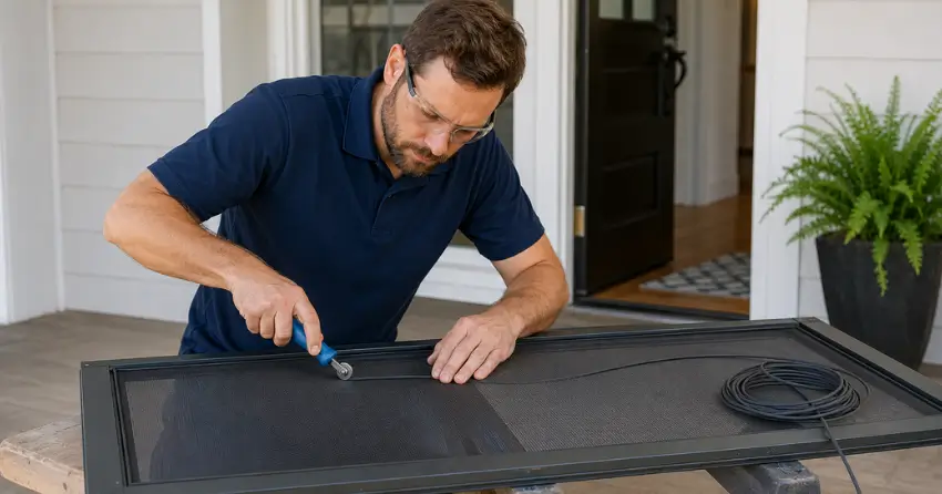 technician replacing screen door mesh and spline in West Side, Port Colborne