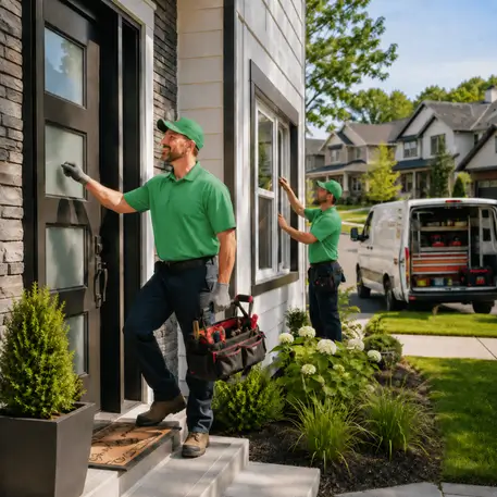 Local technicians working on entry doors, patio sliders and replacement windows throughout the service area